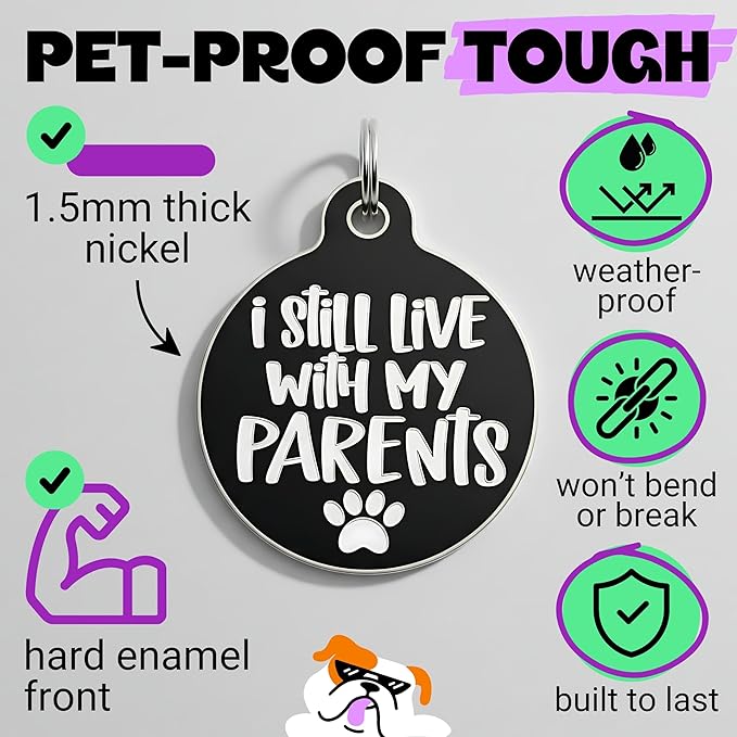 Bad Tags Personalized Dog and Cat ID Tags in 25+ Designs and 2 Sizes - 5 Lines of Custom Engraved Text - Funny Cute Personalized Pet Tags (I Still Live with My Parents, Small (1 inch))