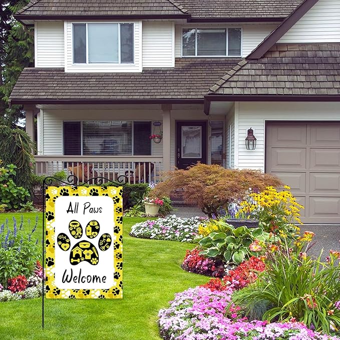 ALL Paws Welcome Garden Flag,Welcome to Cute Dog House Vertical Double Sided Outdoor Decor,Welcome Dog Summer Garden Flag.12 x 18 Inch