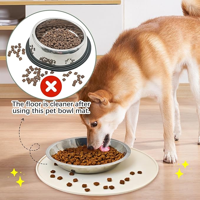 BNOSDM Silicone Cat Feeding Mat 2 Pack Dog Bowl Mats Pet Silicone Food Mat for Food and Water Nonslip Waterproof Feed Mats Round Eating Plate for Small and Medium Cats and Dogs (Beige)