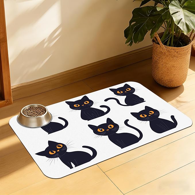 Cute Black Cats Pet Feeding Mat, Absorbent Dog and Cat Bowl Pad, Fast Dry, Non-Slip Back – 16x24 Inch