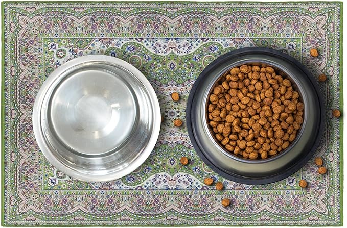 LOVEWAG Waterproof 2-Pack Pet Feeding Mats - 16" x 24" Premium Cat & Dog Food Mat - Non-Slip, Machine Washable Food Mat Protects Floors & Contains Water Bowl Spills - Pet Place Mats (Peacock Garden)