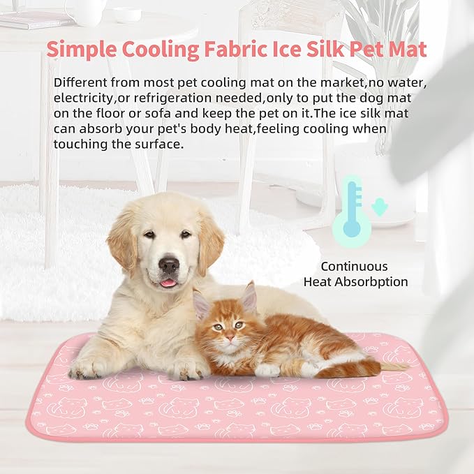 NWK Pet Cooling Mat - Ice Silk Cooling Mat for Dogs & Cats Portable & Washable Pet Cooling Blanket, Car Seats, Beds for Summer (1, Pink Cat, 39‘’ X 27‘’ X 0.3'')