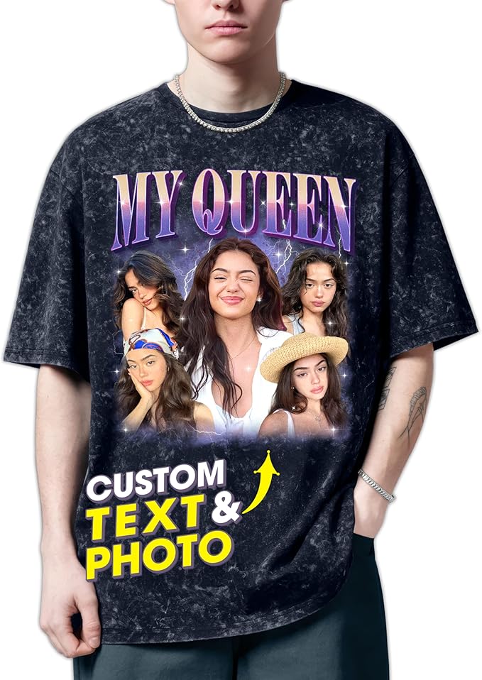 H-DEWALL Custom T Shirts Mineral Wash Tshirt Bootleg Rap Tee Customized Gifts for Boyfriend Birthday Shirts Tops for Women