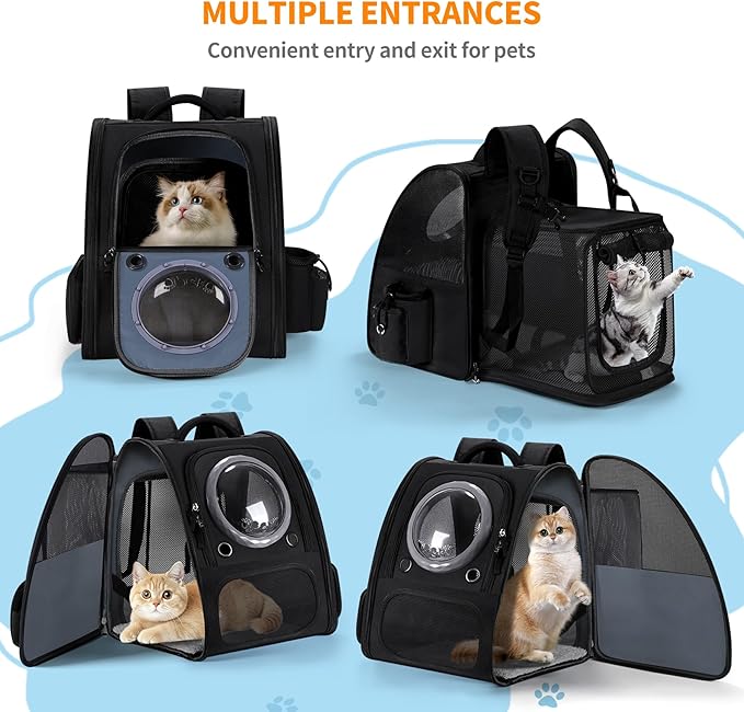 Dogs Backpack Carrier, Expandable Cat Carrier Backpack,Breathable Bubble Pet Backpack for Cat,Kitten and Small Puppy, Large Space,Portable Bags Foldable Cat Backpack for Traveling,Hiking(Black)