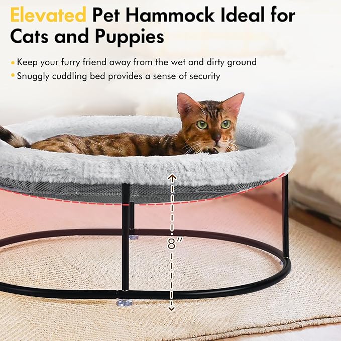 Elevated Cat Hammock Bed for Indoor Cats, Fluffy Warm Cuddle Cats Bed with Detachable Pad Bed Cover, Portable Pet Bed Raised Cuddler for Sleeping Kittens, Small Dog, Oval Cat Hammock Grey