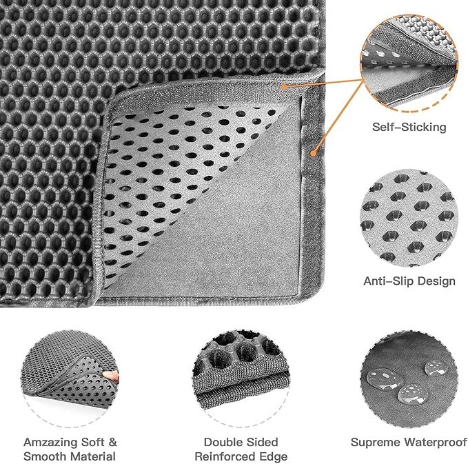 Cat Litter Mat-30"X24" Jumbo Litter Trapping Mat EVA Honeycomb,Urine & Waterproof Scatter Control Matt for Cat With Handle Design Easier To Clean, Less Waste, Soft On Paws, Gray