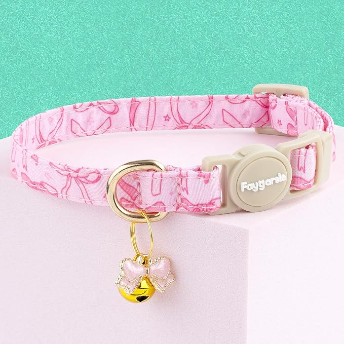 Faygarsle 2 Pack Pink Bow Floral Pattern Cat Collars Breakaway Safety Collar with Bell Spring Summer Design for Girl Cats,Pink Yellow