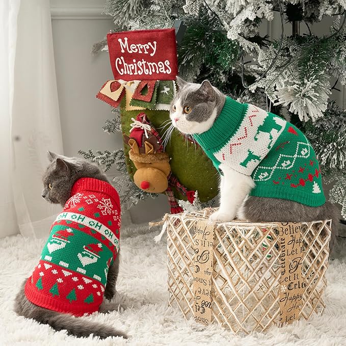 Stretchy Cat Christmas Sweater - 2 Packs Christmas Sweaters for Cats | Snug Winter-Ready Knit for Boy/Girl Cats & Kittens(Scarlet, Medium)
