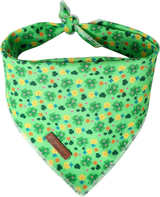 St. Patrick's Day Dog/Cat Kerchief, Shamrock Triangle Bid Scarf for Small/Medium Pets, Cotton Green Bandana for Girl/Boy Dogs or Cats