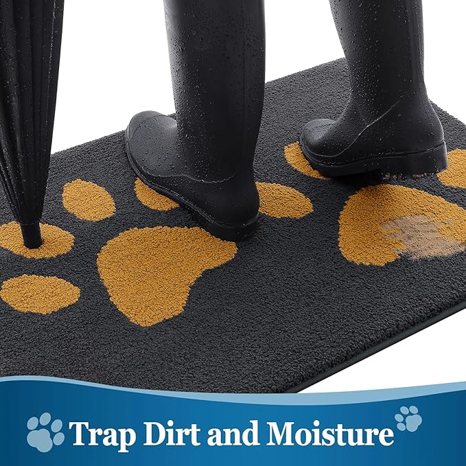 Buganda Dog Door Mat for Muddy Paws, Absorbent Dirt Trapper Washable Indoor Doormats, Non Slip Low-Profile Mud Mat for Dogs, Front Entrance Doormat for Inside Floor (30x20Inches,Dark Grey and Yellow)