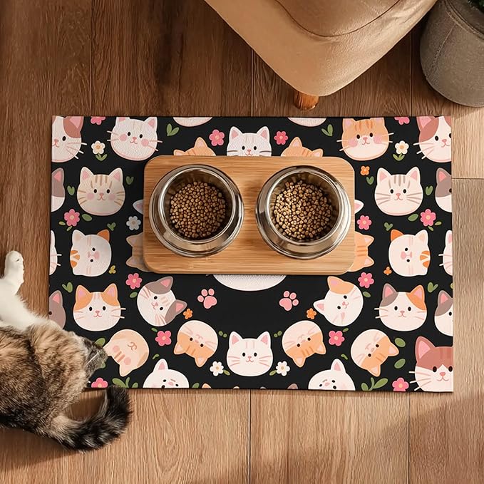 Cat Feeding Mat 24x16 inch Black Kitten Print Pet Bowl Placemat Non Slip Floor Mat for Food and Water Indoor Kitty Feeding Station Cute Meal Pad for Small Pets Kitchen Use