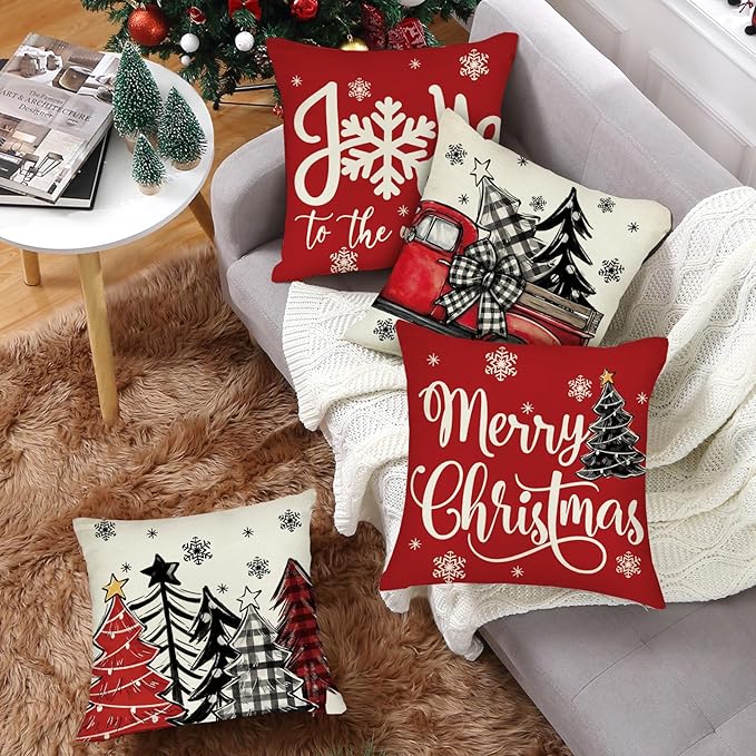 Fahrendom Merry Christmas Decorative Throw Pillow Covers 18 x 18 Set of 4, Xmas Tree Truck Joy to The World Porch Patio Outdoor Pillowcase, Winter Holiday Snowflake Sofa Couch Cushion Case Home Decor