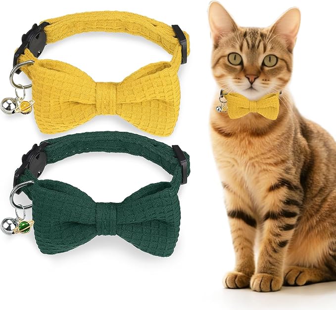 Cat Collar Breakaway with Bells, Soft Cotton Green Cat Bowtie Collar for Girl Boy Cats, Small Cats Collar with Bow for Spring Summer,2 Pack Cute Kitten Collars with Removable Bowtie 8-12Inch