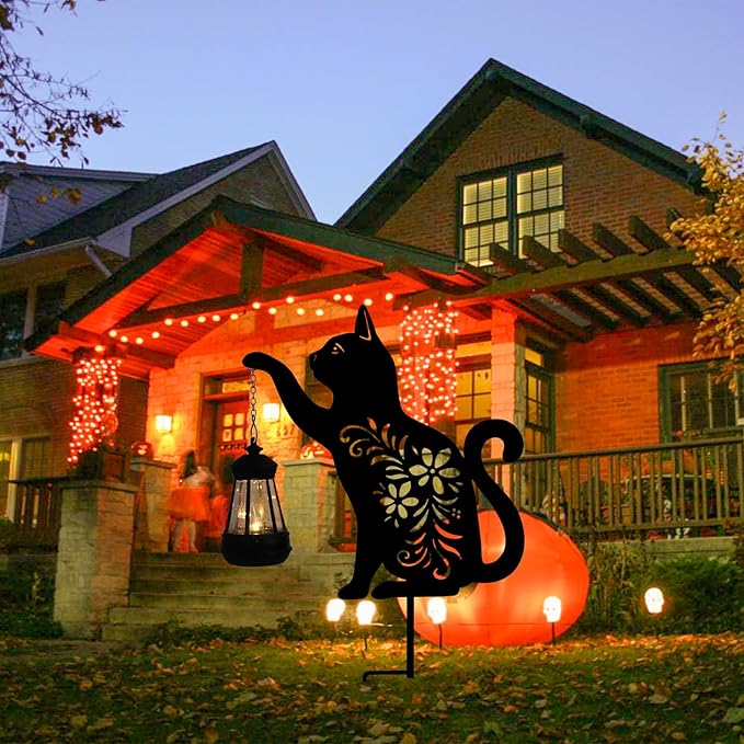 Bshine Cat Solar Light Outdoor Garden Decoration, Waterproof Metal Stake Black Outdoor Statue Lantern, Lawn Ornaments for Yard, Path, Patio, Sculpture Black Cat Memorial Gift