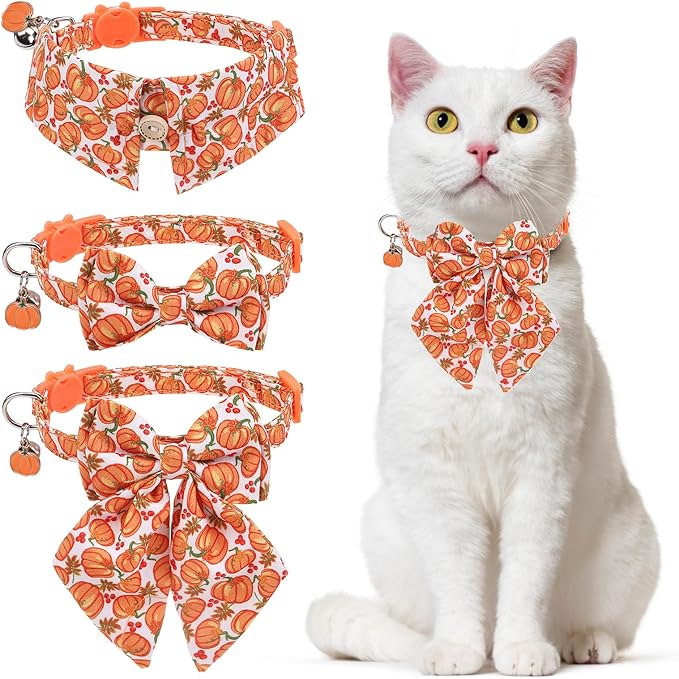 Thanksgiving Cat Collar Breakaway, Halloween Kitten Collar with Bells for Boy Girl Cat, 2 Pack Adjustable Cute Cat Collar with Bow & Pumpkin for Male Female Cat, Orange Bowtie Shirt Collar