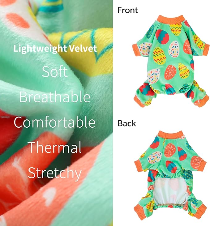 Fitwarm Easter Egg Dog Pajamas, Holiday Dog Clothes for Small Dogs Girl Boy, Pet Easter Outfit, Puppy Cat Onesie, Lightweight Velvet, Light Green, Orange, XS