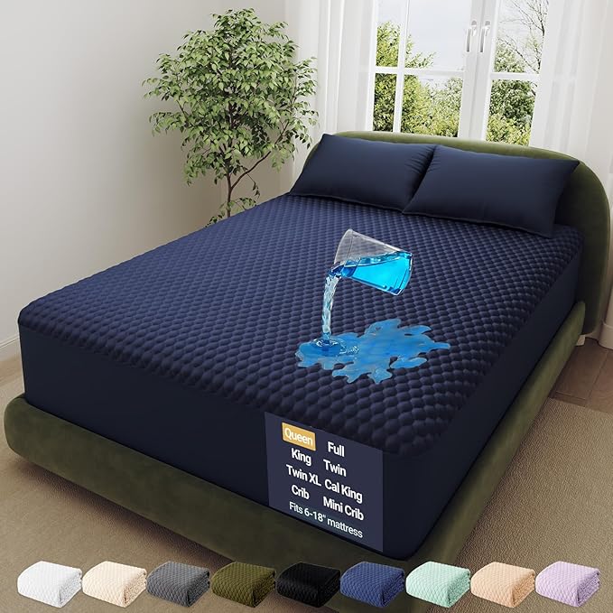 OhGeni 100% Waterproof Mattress Protector, Queen-Navy Blue Size Mattress Pad, Fits 6"-20" Mattresses with Deep Pocket, Cooling, Breathable Fitted Sheets, Soft Bed Cover, Noiseless, Machine Washable