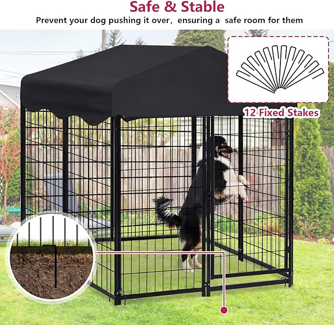 Dog Kennel Outside, 4.5' x 4' x 4' Dog Kennel Outdoor with Roof for Medium Small Dogs, Outdoor Dog Cage Dog Pen with Waterproof & UV-Resistant Cover, 12 Nails for Stablility, 2 Sets