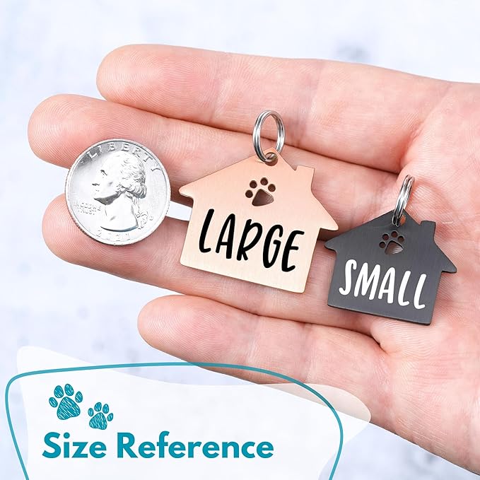 Ultra Joys Dog Tags Personalized for Pets - Hollow Paw Custom Pet ID Tag - Engraved Dog Tag for Small, Large Dogs - Large House in Rose