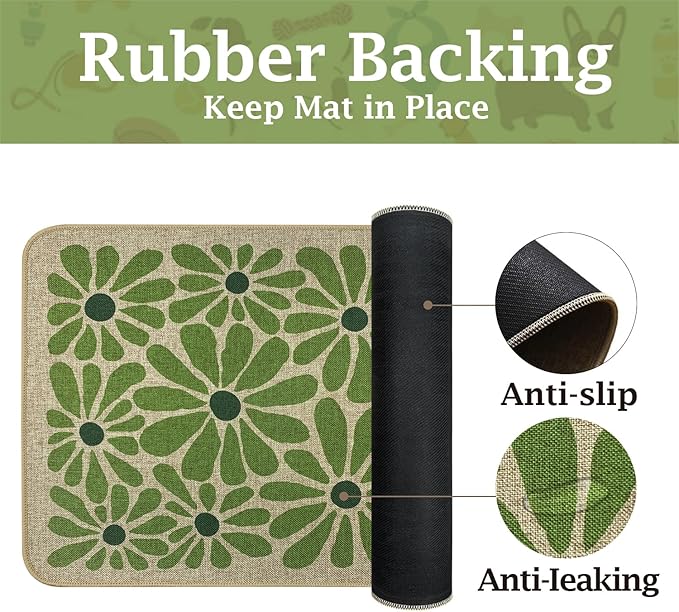 SHIYUE Dog Food Mats for Floors, Absorbent Cat Bowl for Food and Water, Non-Slip Accessories Pet Supplies(16"x24",Green Flower)