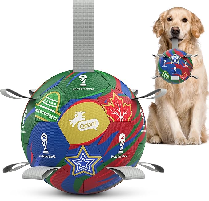 QDAN Dog Soccer Ball with Straps, 7 Inch World Cup Soccer Ball for Dogs, Water Toy, Dog Ball Toys for Medium Large