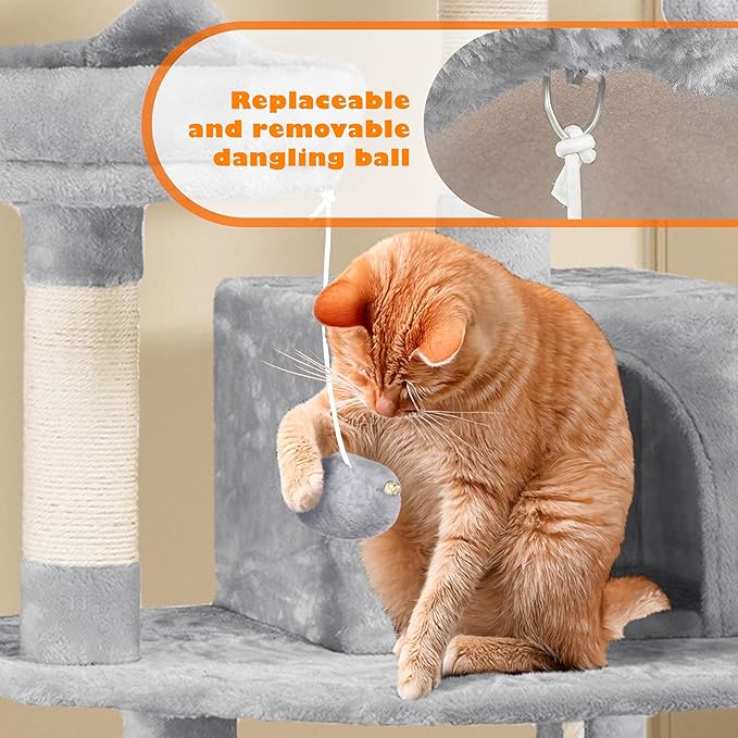 Yaheetech 62.5inches Cat Tree Cat Tower Cat Condo with Platform & Hammock, Scratching Posts for Kittens Pet Play House with Plush Perch for Indoor Activity Relaxing, Light Gray