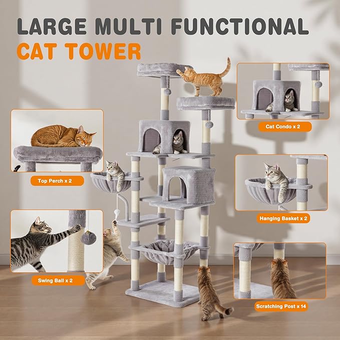 Large Cat Tree 71 Inch, Multi-Level Tall Cat Tree Tower with Condo, Perches, Sisal Scratching Posts and Hammock, Pet Play House with Dangling Balls for Indoor Cats, Light Grey