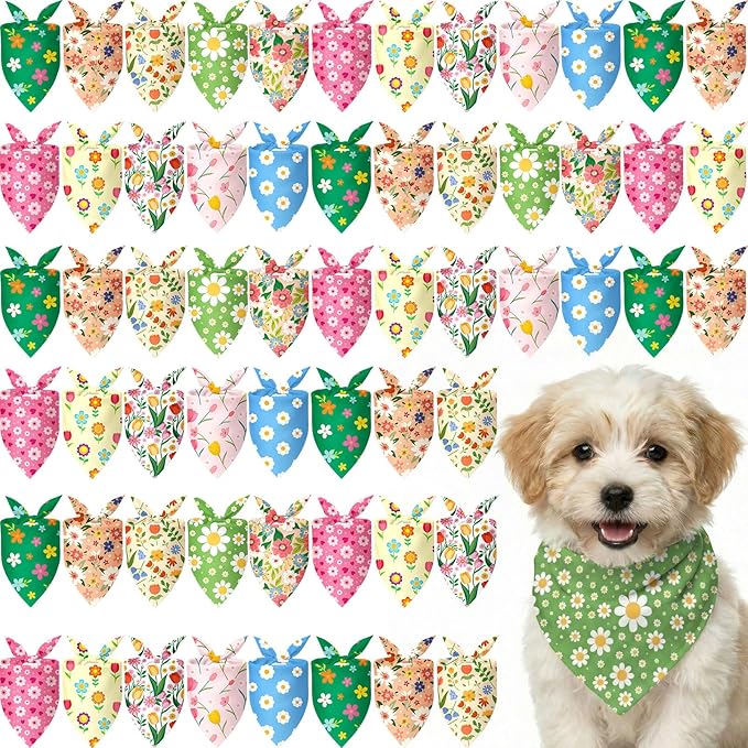 Weewooday 50 Pcs Spring Dog Bandanas Bulk with Daisy, Flower, Floral Soft Bibs Adjustable Triangle Pet Scarf Bowtie for Small Medium Large Costume Grooming(19.7 x 13.8 x 13.8 Inch)