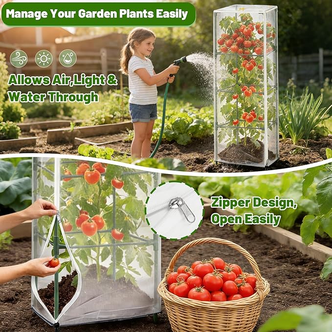 6 Pack 16.9 * 16.9 * 47.2inch Plant Cover for Square Tomato Cage,Tomato Trellis Mesh Netting Covers with Zipper Drawstring Bird Netting for Garden Protection
