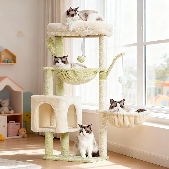Heybly Cat Tree, 39.4 Inches Tower Condo with Scratching Post, Cat Tower for Indoor Cats, Fully Wrapped Sisal Pole, Soft Platform, 2 Baskets and Dangling Toy, Green and Beige HCT006SGM