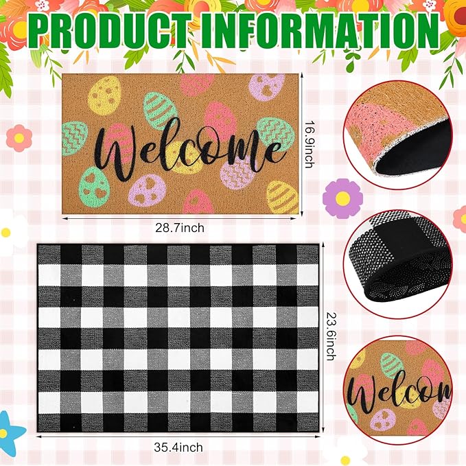 Tinideya 2 Pcs Easter Day Door Mat Eggs Welcome Non Slip Coir Mats Holiday Black and White Plaid Floor Layering Doormats Seasonal for Front Porch Entryway Decor(Easter Eggs)