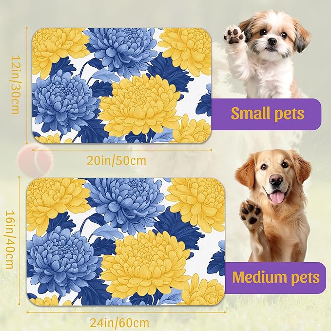 Blue Yellow Flowers Pet Feeding Mat, Quick Dry Absorbent Water Bowl Mat for Dogs and Cats, Anti-Slip Bottom, Indoor Use – 12x20 Inch