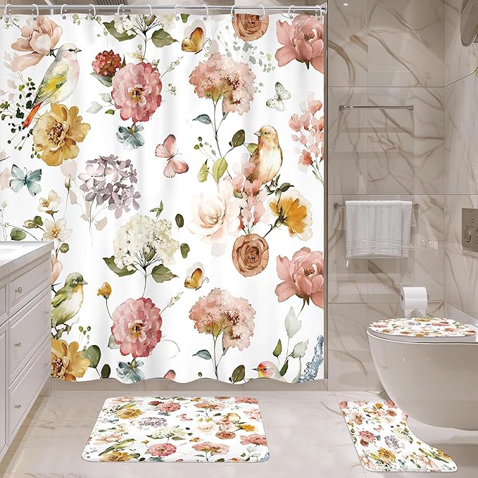 4 PCS Spring Floral Birds Bathroom Set with Shower Curtain and Rugs 72Wx72H Inch Flower Plant Watercolor Non-Slip Bath Rug Toilet Lid Cover and U Shape Mat Accessories 12 Hooks Bathoom Decor