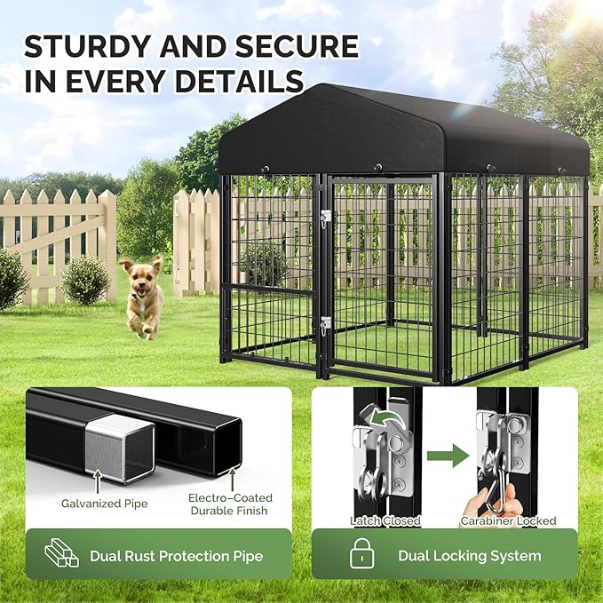 Sino Luban Outdoor Dog Kennel Outside Run with Doggy Door&Waterproof Roof - 4x4x4.6FT Large Dog Kennels Pens Outside for Small/Medium Dogs - Heavy Duty Cage Yard (Can Connect to Your Dog House)