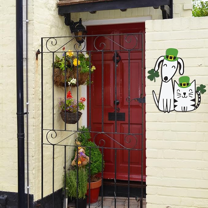 Fiwochic St Patrick's Dogs Cat Decorations Metal Shamrock Wall Art Irish Pet Hanging Signs Farmhouse Rustic Irish Clover Green Decor Gift for Front Door Porch Hallway Outdoor Garden 15.8 x 12 Inch