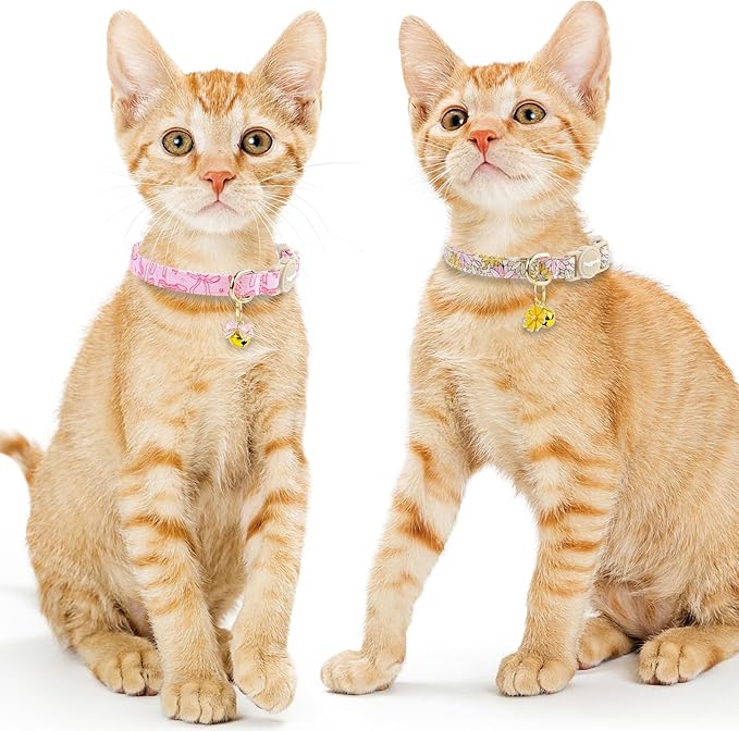 Faygarsle 2 Pack Pink Bow Floral Pattern Cat Collars Breakaway Safety Collar with Bell Spring Summer Design for Girl Cats,Pink Yellow