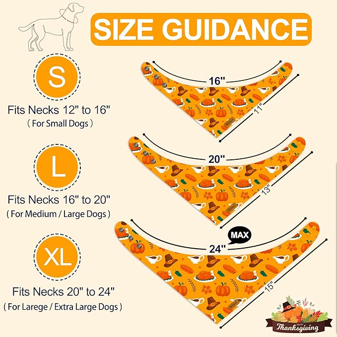 Thanksgiving Dog Bandanas with Snap Button, 2 Pack Adjustable Fall Bandanas for Small, Medium, and Large Dogs, Pumpkin Pet Scarf for Autumn Costume Accessory & Photo Shoot (Large)