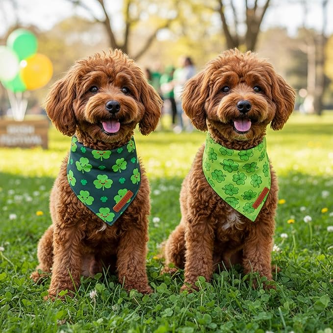 ADOGGYGO St Patrick Dog Bandana 2 Pack, Reversible Shamrock Pet Scarf Bib, Adjustable Fit Green St Patricks Day Bandanas for Small Dogs (Small)