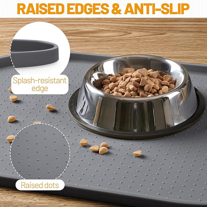 Hubulk 100% Waterproof Silicone Pet Feeding Mat with Raised Edge for Food and Water, Dog Bowl Mats, Cat Bowls Placemat with High Lip Protects Floor for Cats and Dogs (Gray, 24" L x 16" W)