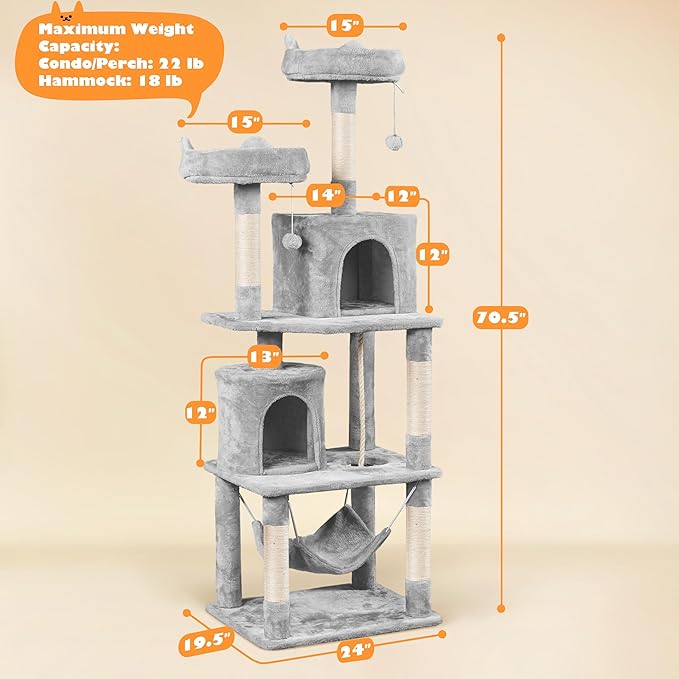 Yaheetech Cat Tree Tower, 70.5in Multi Level Cat Tree Kitten Condo with 2 Condos & 2 Plush Perches & Scratching Post & Dangling Ball, Cat Tower Furniture for Play & Rest Light Gray