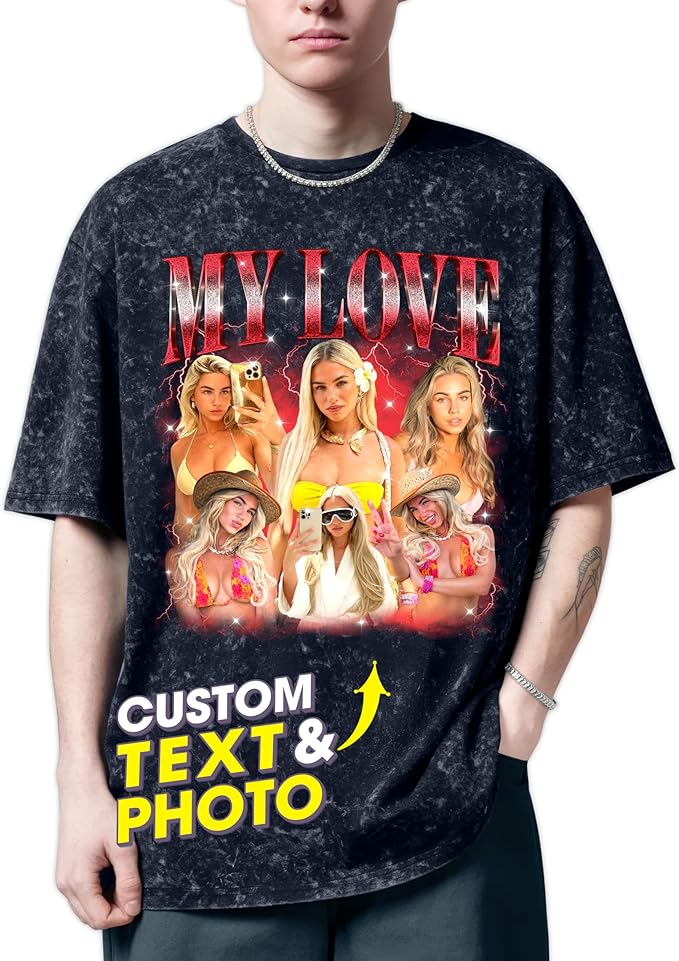 H-DEWALL Custom T Shirts Mineral Wash Tshirt Bootleg Rap Tee Customized Gifts for Boyfriend Birthday Shirts Tops for Women