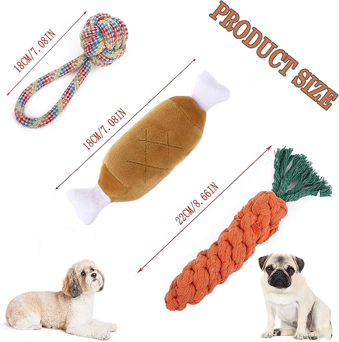 3PCS Natural Cotton Rope Toys for Small Dogs and Puppies, Dog Dental Care Chew Toys for Teething,Anxiety Relief, Helps Clean Teeth & Prevent Furniture Destruction(Chicken Leg Set)