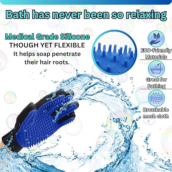 (Left Hand) Pet Hair Remover Glove – Blue, Reusable Grooming Glove for Dogs, Cats & Horses, Gentle Deshedding, Bathing & Massaging, Anti-Shedding Tool for Pet Hair Removal (Left Hand only)