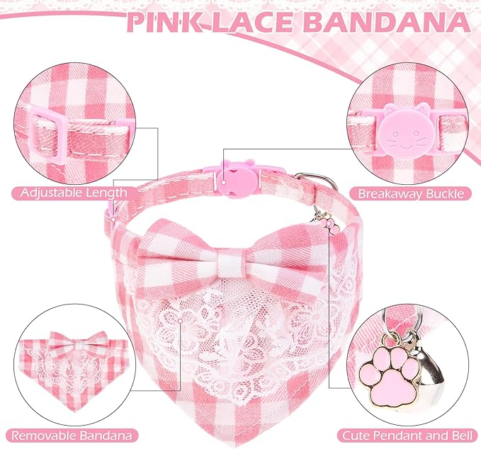 EXPAWLORER Cute Cat Collar Breakaway with Bells - 2 Pack Adjustable Plaid Pet Collar with Removable Bow Tie and Bandana, Safety Buckle for Girl Boy Cats Kitten, Pink Plaid