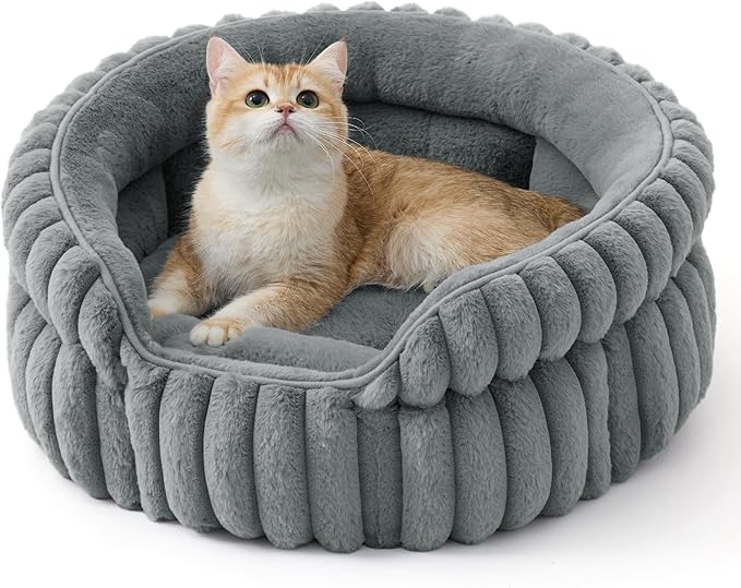 Bedsure ComfyFleece™ Small Cat Bed, Washable Round Cute Pet Beds for Indoor Cats, Super Soft Corduroy Kitten Bed with Anti-Slip Bottom, 20''x20''x8'', Warm Gray