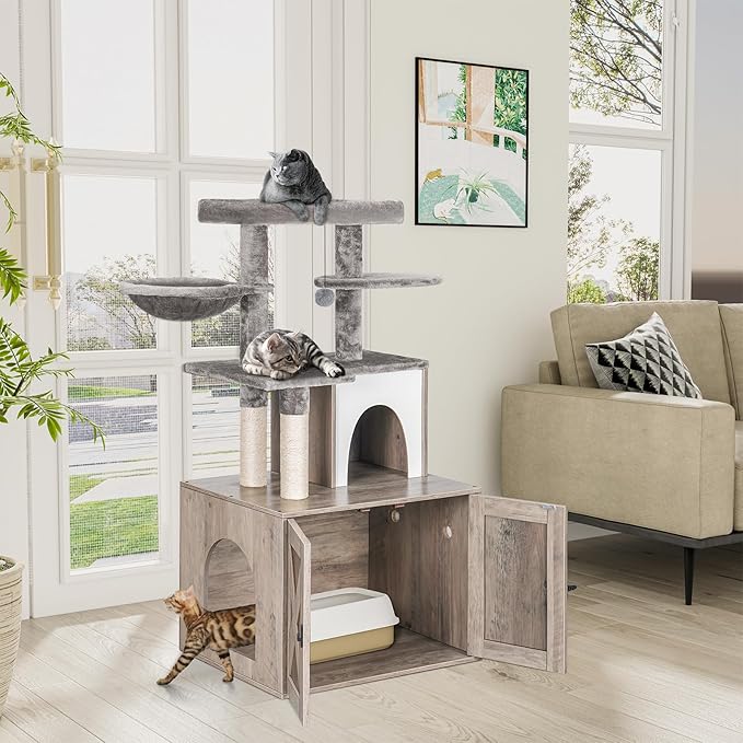 Snughome Cat Litter Box Enclosure with Tree Tower and Condo, Hidden Washroom Furniture with Sisal Scratching Post and Soft Plush Perch, Wooden Cat Furniture with Multiple Platforms, Grey