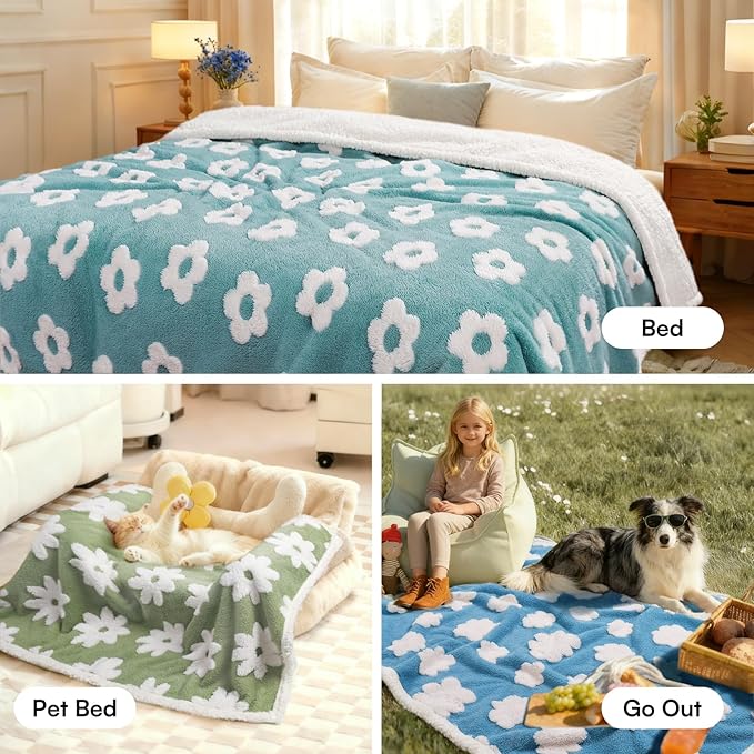 Luciphia Waterproof Pet Blanket for Medium Large Dogs Washable Fluffy Thick Jacquard Shag Fleece Warm Sherpa 3D Textured Flower Print for Cats Puppy Couch Protection (Blue,67x57 inches)