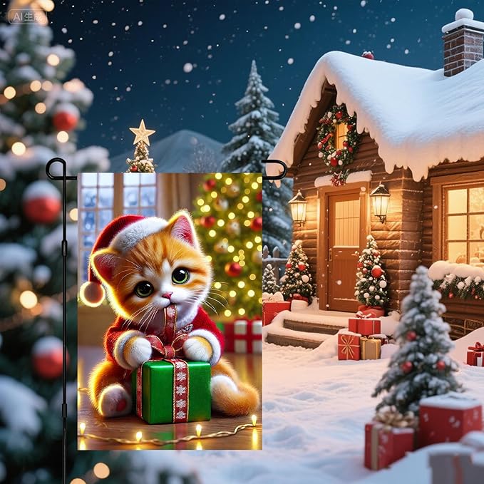 Christmas Garden Flag 12x18 Inch Cute Kitten Gift Flag Double Sided Holiday Cat Banner Outdoor Pet Yard Decoration for Porch Tree Lighting Display