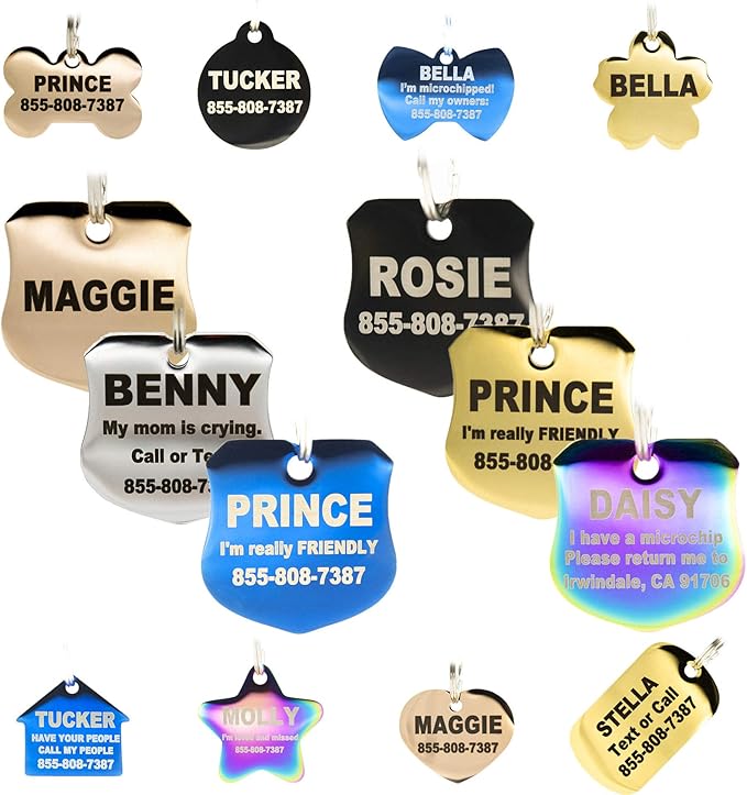 Engraved Dog Tags Personalized - Stainless Steel Engraved Dog Cat ID Tags Front & Back up to 8 Lines of Text Color Plating Gold, Rose Gold, Blue, Black, Nebula by PetANTastic