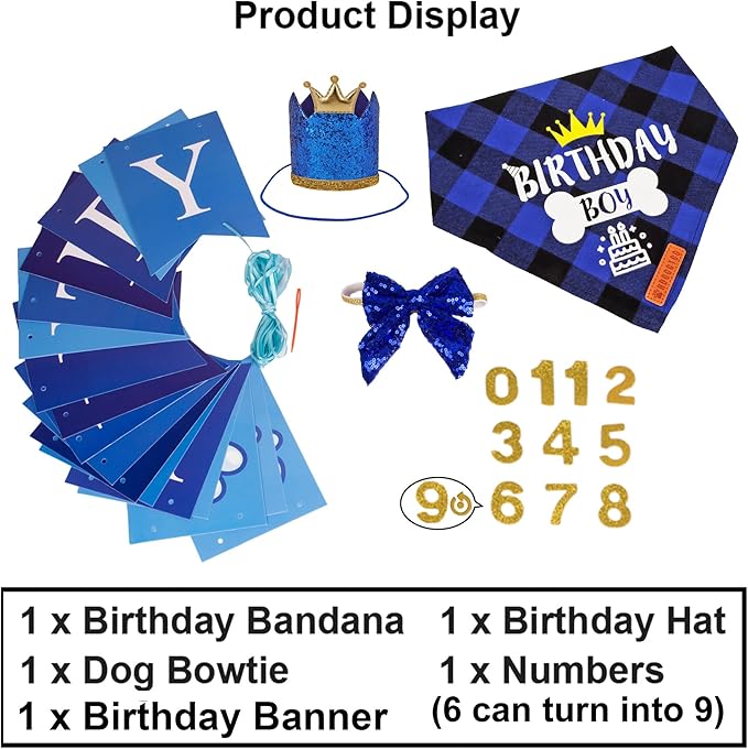 ADOGGYGO Dog Birthday Hat Bandana - Navy Blue Birthday Boy Dog Bandana Pet Party Hat with Numbers Bow and Happy Birthday Banner Set (Small)